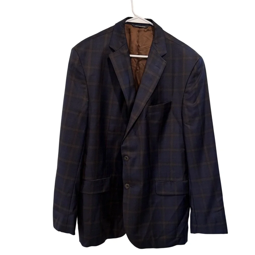 Jack Victor Mens Blazer Super 130S Italian Fabric Navy Brown Plaid Sport Coat 46